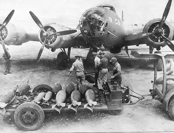 Bombs being loaded into a B-17 of the 19th Bomb Group at Del Monte Field