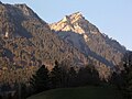 Der Stierkopf in der Abendsonne, davor das bereits im Schatten liegende Äußere Grubser Tobel. Links oben der höchste Punkt (1579 m) der Katzenköpfe.