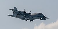 A United States Marine Corps KC-130J, registration number 169535, on final approach at Kadena Air Base in Okinawa, Japan. The aircraft belongs to VMGR-152 at Marine Corps Air Station Iwakuni.