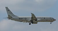 A Boeing P-8 Poseidon, tail number 168761, on final approach at Kadena Air Base in Okinawa, Japan. It is assigned to Patrol Squadron 45 (VP-45) at NAS Jacksonville, Florida, United States.