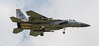 A US Air Force F-15C Eagle, tail number 83-0011, on final approach at Kadena Air Base in Okinawa, Japan. It is assigned to the 67th Fighter Squadron at Kadena AB.