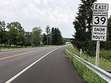 View east along MD 39 past WV 7 at the West Virginia state line in Hutton 2021-08-07 13 10 29 View east along Maryland State Route 39 (Hutton Road) at Fingerboard Road in Hutton, Garrett County, Maryland.jpg