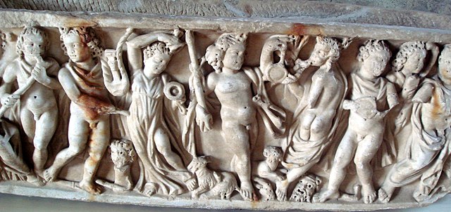 A second-century Roman sarcophagus shows the mythology and symbolism of the Orphic and Dionysiac Mystery schools. Orpheus plays his lyre to the left.