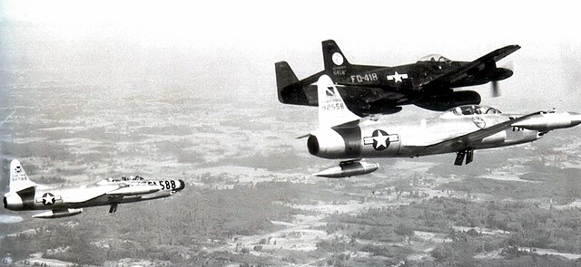 North American F-82F Twin Mustang (46-418) of the 325th FG (AW) and two Lockheed F-94A-5-LO (49–2558, 49–2588) Starfires