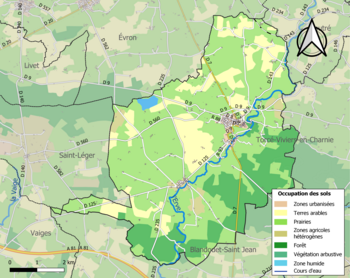 Kaart van de gemeente met de belangrijkste infrastructuur, bodemgebruik en omliggende gemeenten