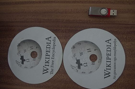 Offline Wikipedias in Waray and English languages stored in DVDs and USB flash drives that were given away as prizes for the winners of the edit-a-thon.