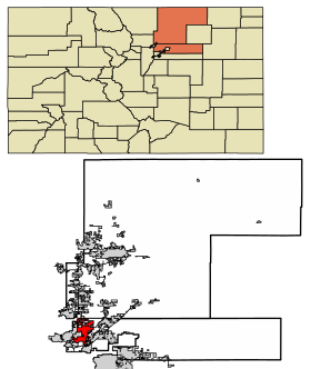 Adams County and Weld County Colorado Incorporated and Unincorporated areas Thornton Highlighted 0877290.svg