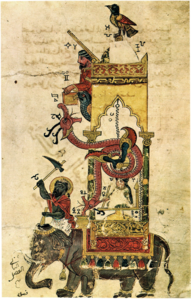 ساعة الفيل تم اختراعها في العصور الوسطى من قبل الجزري، وهي مصممة لنقل وعمل الصوت كل نصف ساعة.