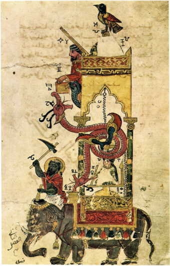 An elephant clock in a manuscript by Al-Jazari (1206 AD) from The Book of Knowledge of Ingenious Mechanical Devices[25]