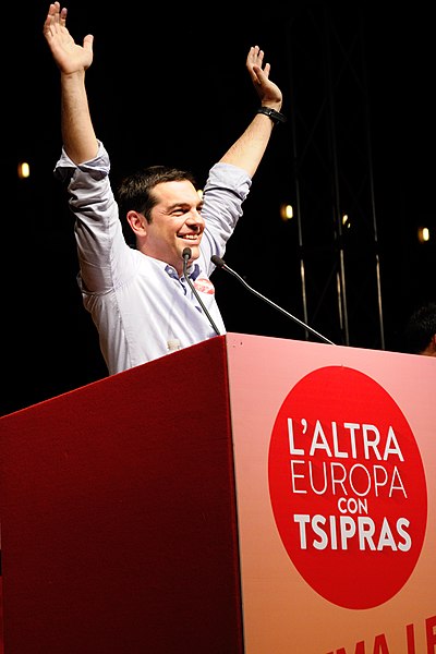 Tsipras in Bologna giving a speech for The Other Europe (L'Altra Europa) Alliance in 2014