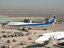 Two ANA aircraft (both Boeing 747-400Ds) at Tokyo International Airport (Haneda Airport)