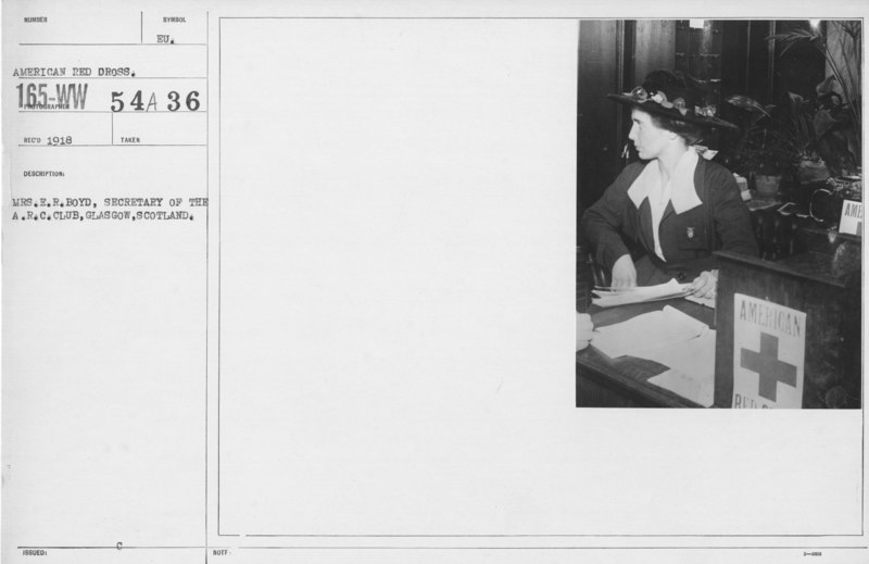 File:American Red Cross - A thru D - Mrs. E.R. Boyd, Secretary of the A.R.C. Club, Glasgow, Scotland - NARA - 20805920.tif