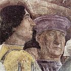 Andréa Mantegna, v.  1474, s'inclut, en tant qu'artiste de la cour, à sa place dans cette fresque de la cour de Gonzaga.