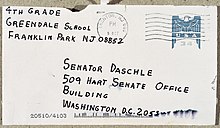 Envelope addressed to Senator Thomas Daschle, postmarked October 9, 2001 Anthrax Envelope to Daschle.jpg