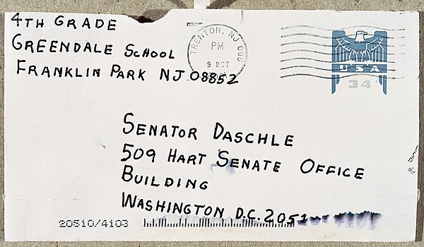 Envelope addressed to Senator Thomas Daschle, postmarked October 9, 2001