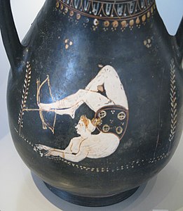 Female acrobat shooting an arrow with a bow in her feet; Gnathia style pelike; 4th century BC