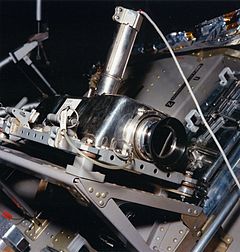 The television camera, as it was positioned on the Apollo Lunar Module Eagle at the start of the first lunar EVA (Extravehicular Activity) Ap11-S69-31575HR.jpg