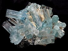 Aquamarine variety of beryl with tourmaline on orthoclase Aquamarine J1.JPG