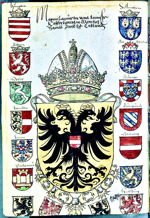 Page from an armorial showing arms of Kaiser Maximilian I, c. 1508 – c. 1519