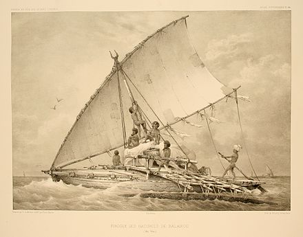 1846 illustration of a Fijian camakau, a single-outrigger canoe with a crab claw sail