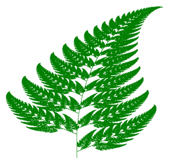 Barnsley fern created using the chaos game. Natural forms (ferns, clouds, mountains, etc.) may be recreated through an iterated function system (IFS).