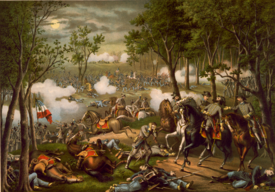 Battle of Chancellorsville by Kurz and Allison; Crane's realistic portrayal of war has earned him recognition from numerous critics and scholars throughout the years