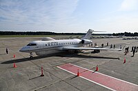 Battlefield Airborne Communications Node E-11A aircraft at Hanscom Air Force Base, June 2021.JPG