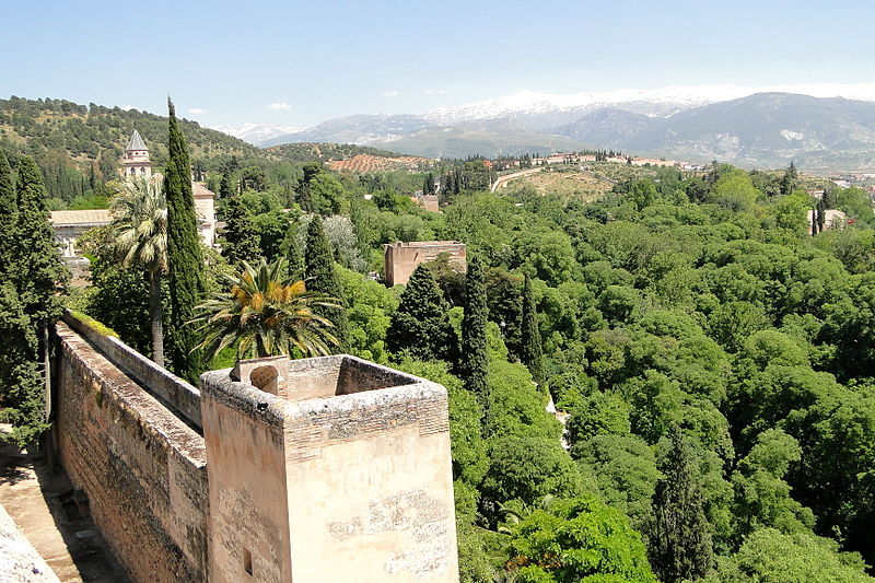 File:Battlements, Scenery and Sierra Nevada Mountains - Viewed from Alhambra - Granada - Spain.jpg