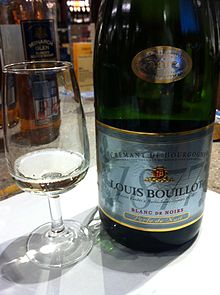 A sparkling Cremant de Bourgogne blanc de noirs (white from blacks) made from Pinot noir and Gamay Blanc de noirs cremant.jpg