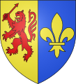 Blason du Labourd : Coupé d'or à un lion de gueules tenant de sa patte dextre un dard du même péri en barre, et d'azur à une fleur de lys du premier.