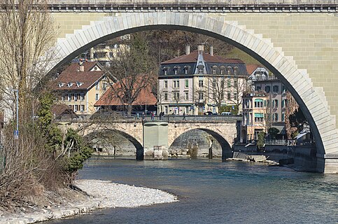 46 m wide central arch of the Nydeggbrücke over the Aare with Untertor Bridge in the background in Bern (Switzerland)