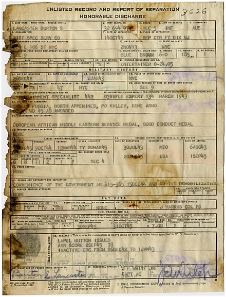 The separation document of Burt Lancaster, one of the publicly accessible records at the National Archives.  The burned edges are the result of the National Personnel Records Center fire of 1973.