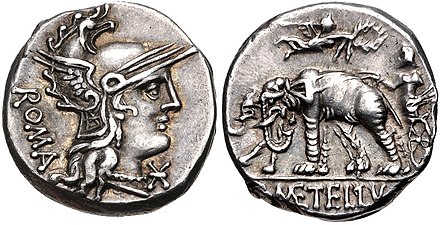 Denarius of C. Caecilius Metellus Caprarius, 125 BC. The reverse depicts the triumph of his great-grandfather Lucius, with the elephants he had captured at Panormos. The elephant had thence become the emblem of the powerful Caecilii Metelli.[71]