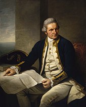 Famous official portrait of Captain James Cook who proved that waters encompassed the southern latitudes of the globe. "He holds his own chart of the Southern Ocean on the table and his right hand points to the east coast of Australia on it." Captainjamescookportrait.jpg