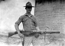 Lewis machine gun captured from bandits at El Chufon by the 52d Co., 11th Regt on 19 Oct 1928 in Nicaragua. Captured Lewis Machine Gun.jpg