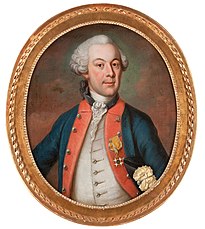 Carl Mauritz von Gertten i uniform m/1765 för en major vid Prins Fredrik Adolfs regemente med röd krage och röda bröstrevärer. På bröstet bär han Svärdsordens ordenstecken. Porträtt från 1770 av okänd konstnär.