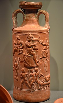 Jug with scenes of Orpheus, 3rd century Ceramic cylindrical jug with Orpheus, from Tunisia, 3rd century AD, Neues Museum, Berlin (13717014633).jpg