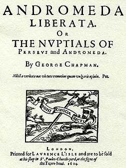 Title page of George Chapman's Andromeda Liberata, 1614, allegorically celebrating the tumultuous marriage of Robert Carr, 1st Earl of Somerset and Frances Howard[19]