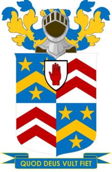 Arms: Quarterly, 1st and 4th, Azure a Chevron between three Mullets Or; 2nd and 3rd, Argent two Chevrons Gules; Motto: Quod Deus Vult Fiet (What God wills, let it be done) Chetwynd Achievement.png