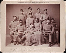 Before and after "contrast" photos were sent to officials in Washington, potential charitable donors, and to reservations to recruit new students. Pratt's powerful photographs showing quick results helped persuade Washington that he was doing vital work. "Chiricahua Apaches Four Months After Arriving at Carlisle", Carlisle, Pennsylvania, undated Chiricahua Apaches Four Months After Arriving at Carlisle.jpg