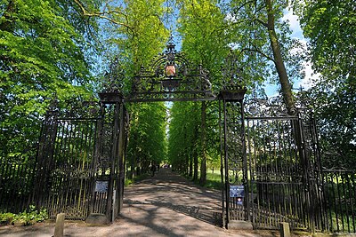 The Avenue of lime and cherry trees, and wrought iron gate to Queen's Road viewed from the Backs
