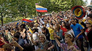 Colombians on London's South Bank celebrating Colombian independence day Colombianfestivaluk.jpg