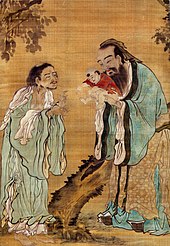 Three great historical figures -- Confucius presenting the Buddha to Lao Tsu. They are all of such antiquity that the historical facts about them are now overlaid with centuries of myth and legend. Confucius Laozi Buddha.jpg