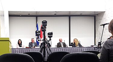 The Ville-Marie borough council meeting, 13 September 2016. On the left, then-city councilor and current (since 2017) mayor of Montreal Valerie Plante. Conseil d'arrondissement de Ville-Marie, 13 septembre 2016 (46260309234).jpg