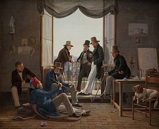 Et selskab af danske kunstnere i Rom (Um grupo de artistas dinamarqueses em Roma), um quadro de Constantin Hansen de 1837 que inclui o arquiteto Gottlieb Bindesbøll deitado no chão, e da esquerda para a direita: Constantin Hansen, Martinus Rørbye, Wilhelm Marstrand, Albert Küchler, Ditlev Blunck e Jørgen Sonne. (definição 5 328 × 4 332)