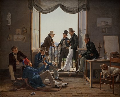 Et selskab af danske kunstnere i Rom (Um grupo de artistas dinamarqueses em Roma), um quadro de Constantin Hansen de 1837 que inclui o arquiteto Gottlieb Bindesbøll deitado no chão, e da esquerda para a direita: Constantin Hansen, Martinus Rørbye, Wilhelm Marstrand, Albert Küchler, Ditlev Blunck e Jørgen Sonne. (definição 5 328 × 4 332)