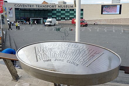 The control panel of the Time Zone Clock in front of Coventry Transport Museum