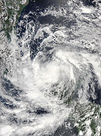 Een satellietbeeld van tropische storm Cristobal na aanlanding in Campeche op 3 juni 2020.