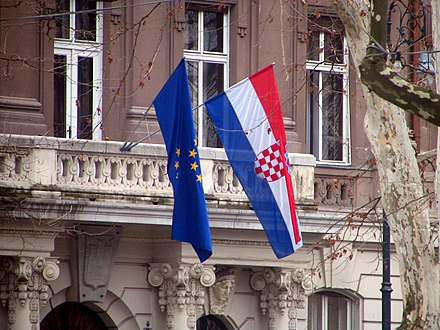 The flag of Croatia was hoisted together with the flag of Europe on the building of the Ministry of Foreign and European Affairs in Zagreb as a symbol of Croatia's membership in both the Council of Europe and the European Union
