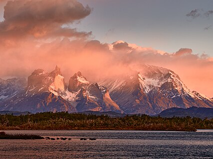 View of the Cuernos del Paine peaks in the beautiful Torres del Paine national park